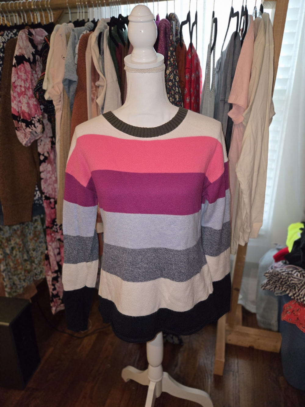 Talbots Striped Crewneck Sweater in Pink, Purple, Gray & Black